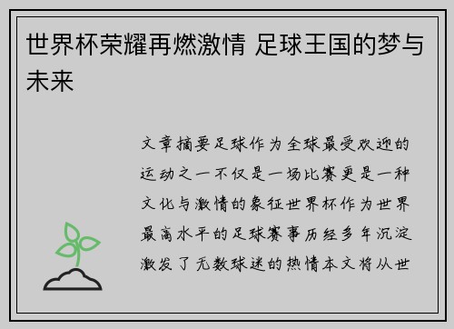 世界杯荣耀再燃激情 足球王国的梦与未来